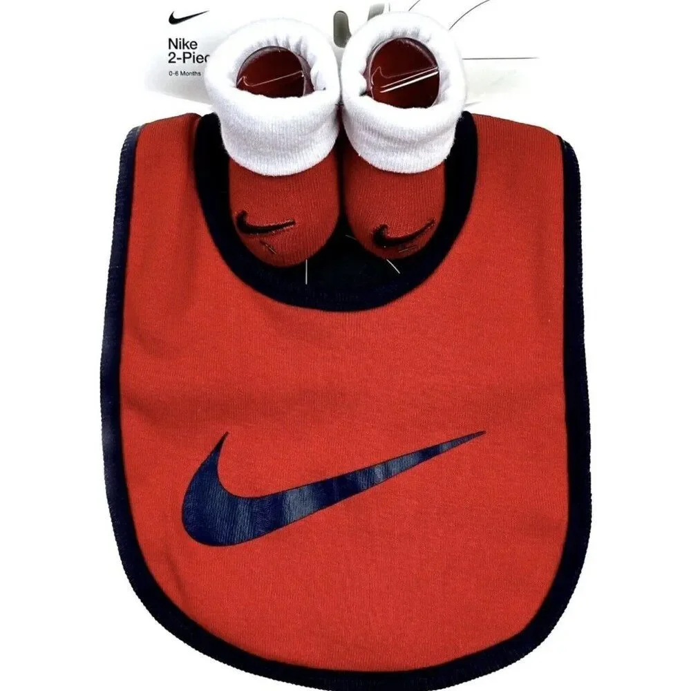 Nike Baby Red Blue Cotton Cuffed Ribbed Trim Swoosh Logo Bib Booties Set 0-6 MO